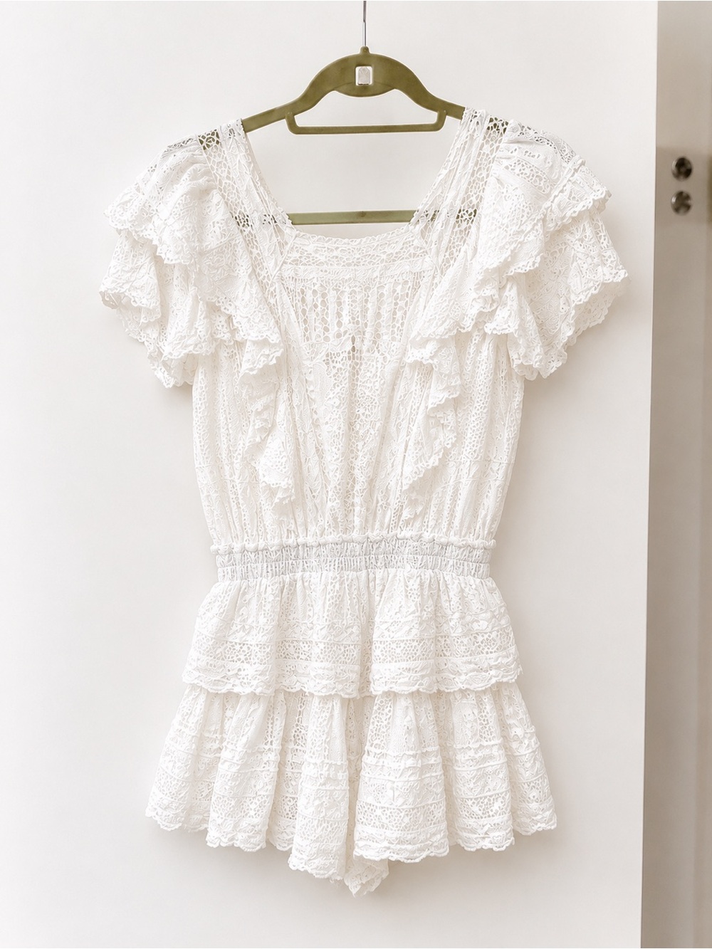 LoveShackFancy White Lace Ruffle Tiered Mini Dress with romantic ruffle details